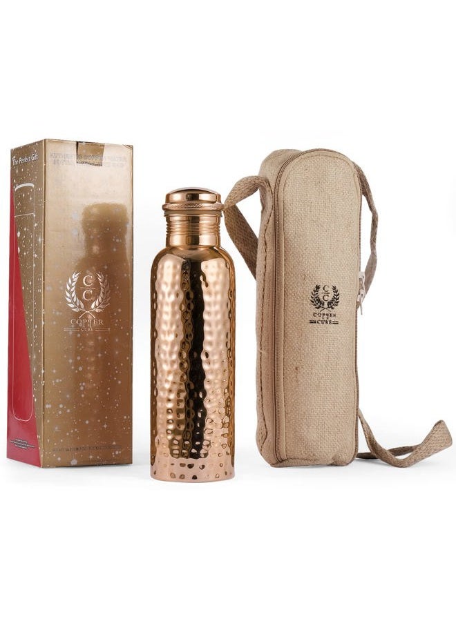 Copper Cure Pure Copper Water Bottle with an Exclusive Copper Cure Bottle Jute Bag- Solid Copper Handcrafted Hammered Bottle, Capacity 34 Oz/1000 ml Copper Bottle for Home, Office, Hotel and Gifting - Image 1
