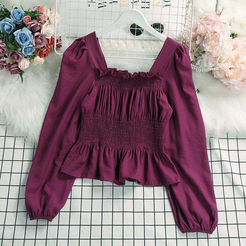 2024 French Design Puff Sleeve Crop Shirt for Women Purple - Image 1