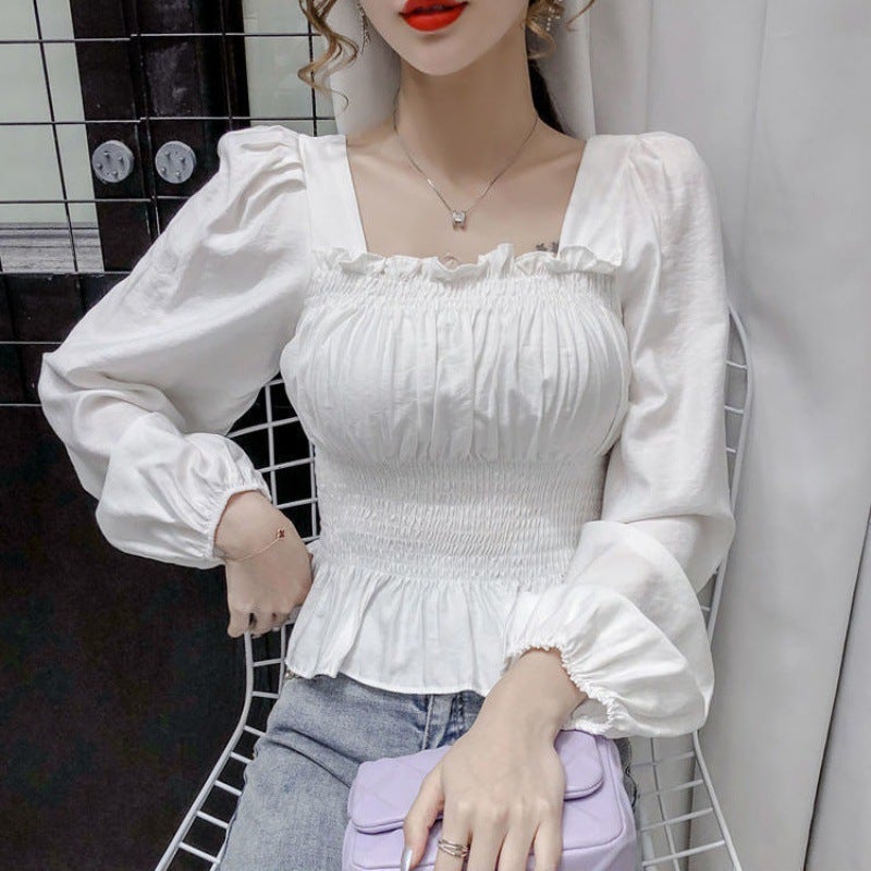 2024 French Design Puff Sleeve Crop Shirt for Women Purple - Image 4