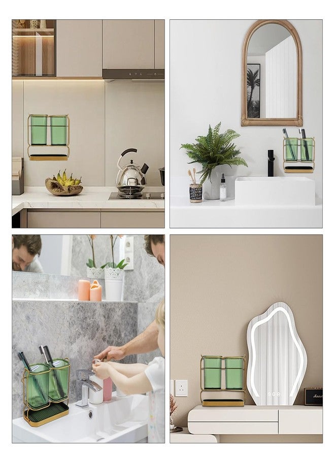 HDFCLUP Green Toothbrush Holders for Bathrooms, Toothbrush Holders with Drain Tray, 2 Cups Tooth Brushing Holder, Bathroom Organizers and Storage Caddy Countertop for Toothpaste, Razors, Toothbrush - Image 5