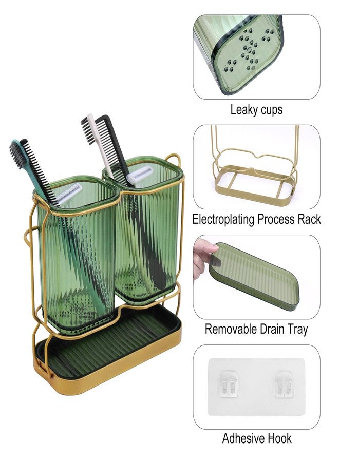 HDFCLUP Green Toothbrush Holders for Bathrooms, Toothbrush Holders with Drain Tray, 2 Cups Tooth Brushing Holder, Bathroom Organizers and Storage Caddy Countertop for Toothpaste, Razors, Toothbrush - Image 3