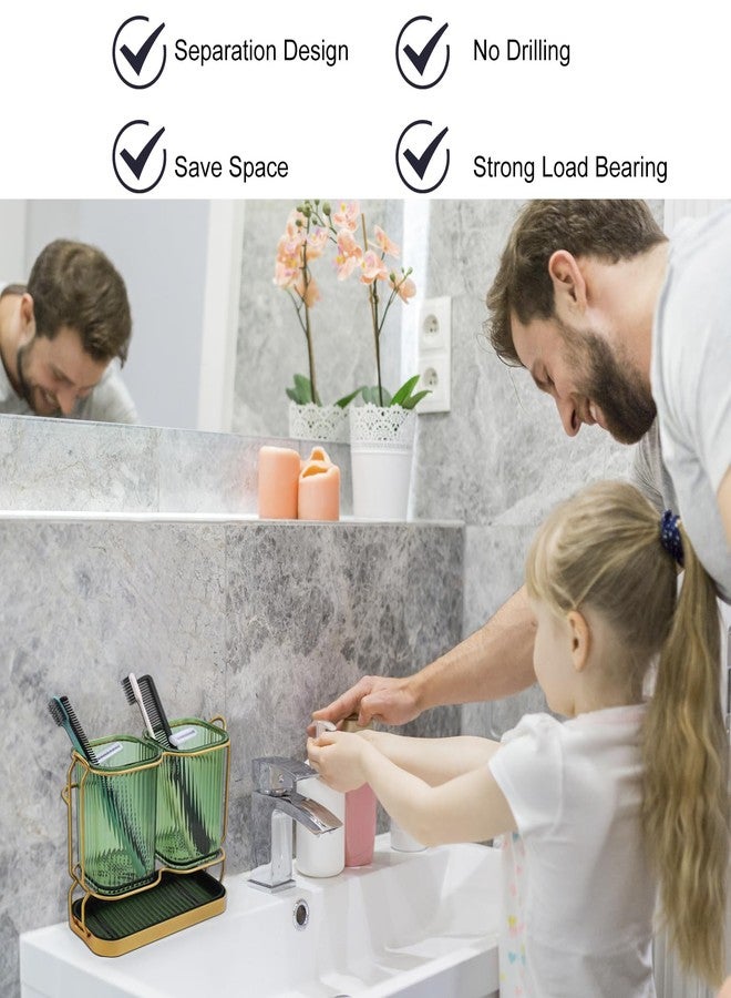 HDFCLUP Green Toothbrush Holders for Bathrooms, Toothbrush Holders with Drain Tray, 2 Cups Tooth Brushing Holder, Bathroom Organizers and Storage Caddy Countertop for Toothpaste, Razors, Toothbrush - Image 2