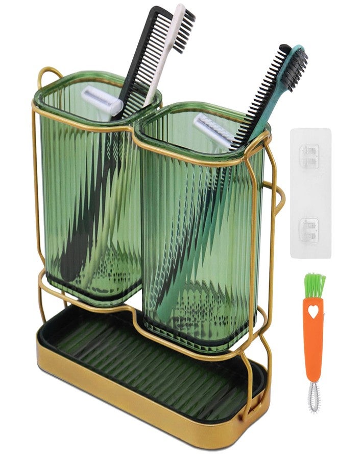 HDFCLUP Green Toothbrush Holders for Bathrooms, Toothbrush Holders with Drain Tray, 2 Cups Tooth Brushing Holder, Bathroom Organizers and Storage Caddy Countertop for Toothpaste, Razors, Toothbrush - Image 1