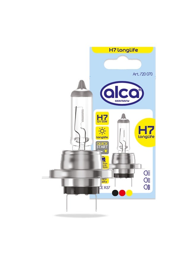 الكا لمبة السيارة Alca® H7 12V 55W Halogen Headlight Bulb هي لمبة هالوجين مخصصة للمصابيح الأمامية، وتتميز بإضاءة قوية مع توزيع متوازن للضوء لتوفير رؤية أوضح أثناء القيادة الليلية، مع تقليل الإبهار بفضل زجاج الكوارتز المضاد للأشعة فوق البنفسجية. - Image 1