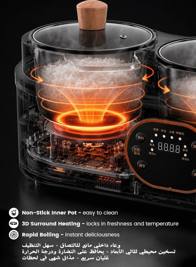 NAFAS Dual Pot Electric Cooker, Total 3.6L (1.8L+1.8L), 1000W Multi‑Function Independent Double Non‑Stick Pots with 24H Delay Timer & 8H Keep Warm, for Rice, Lentil Soup, Stew, Steam & Family Iftar Meals - Image 3