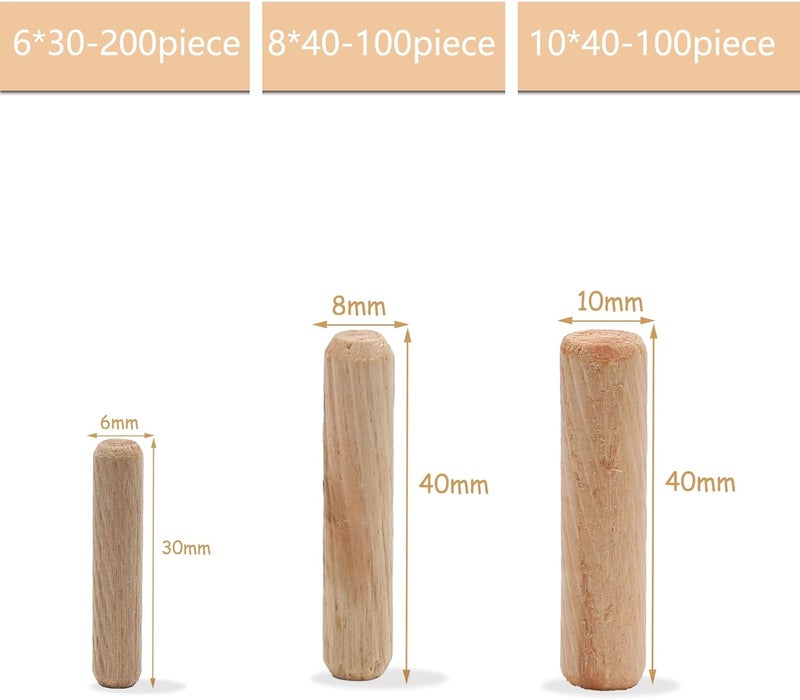 BokWin 400 حزمة دبابيس خشبية 6 مم 8 مم 10 مم (تقريبًا 1/4" 5/16" 3/8") دبابيس خشبية مجففة في الفرن ومشغولة، دبابيس خشبية للحرف اليدوية - Image 2