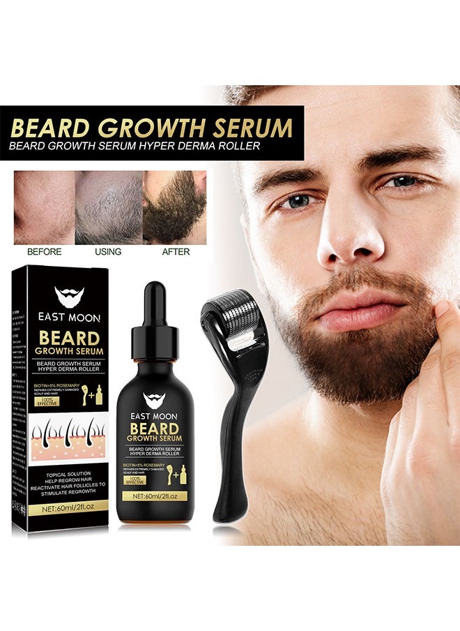 East Moon - Beard Growth Serum Hyper Derma Roller- Men Rosemary oil Moustache  Growth Enhancer ​Anti Hair Loss Care Serum with Beard Rolle 60ml - Image 1