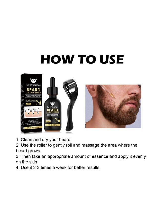 East Moon - Beard Growth Serum Hyper Derma Roller- Men Rosemary oil Moustache  Growth Enhancer ​Anti Hair Loss Care Serum with Beard Rolle 60ml - Image 1