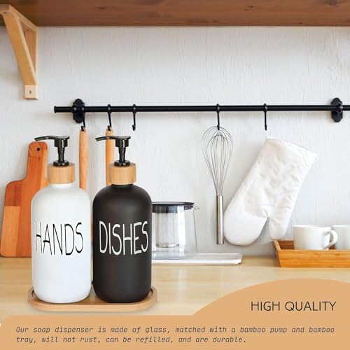 DIDROOM Glass Soap Dispenser Set, Hand Soap and Dish Soap Dispenser with Bamboo Tray. Vintage Soap Dispenser with Pump for Kitchen Drain Outlet and Bathroom. Stylish Permanent Labels (Matte Black&White) - Image 5