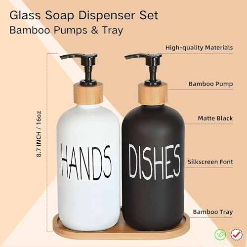 DIDROOM Glass Soap Dispenser Set, Hand Soap and Dish Soap Dispenser with Bamboo Tray. Vintage Soap Dispenser with Pump for Kitchen Drain Outlet and Bathroom. Stylish Permanent Labels (Matte Black&White) - Image 2