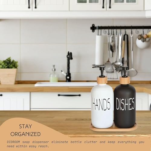 DIDROOM Glass Soap Dispenser Set, Hand Soap and Dish Soap Dispenser with Bamboo Tray. Vintage Soap Dispenser with Pump for Kitchen Drain Outlet and Bathroom. Stylish Permanent Labels (Matte Black&White) - Image 3
