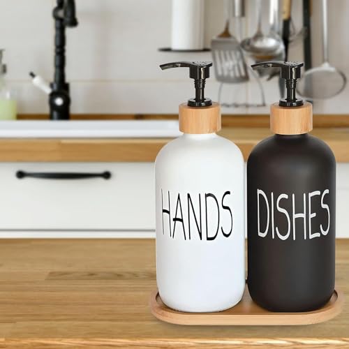 DIDROOM Glass Soap Dispenser Set, Hand Soap and Dish Soap Dispenser with Bamboo Tray. Vintage Soap Dispenser with Pump for Kitchen Drain Outlet and Bathroom. Stylish Permanent Labels (Matte Black&White) - Image 4