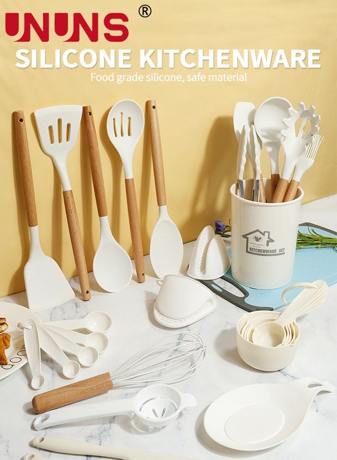 UNUNS Kitchen Utensils Set,33pcs Non-Stick Silicone Cooking Utensils Set,Heat-Resistant Silicone,Wooden Utensils For Cooking,Kitchen Gadgets Spatula Set,Apartment Essentials Kitchen Set  - Image 2