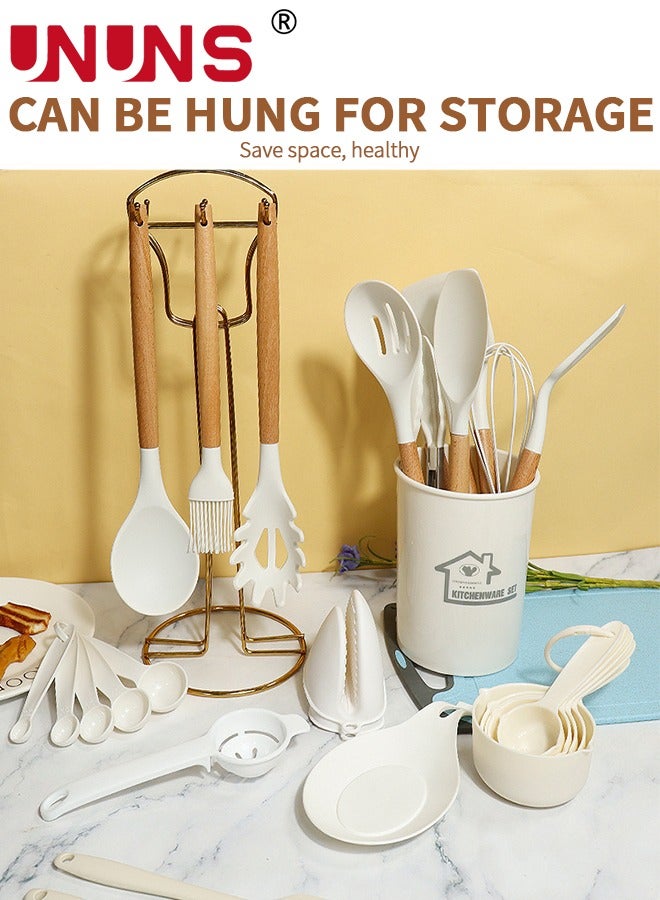 UNUNS Kitchen Utensils Set,33pcs Non-Stick Silicone Cooking Utensils Set,Heat-Resistant Silicone,Wooden Utensils For Cooking,Kitchen Gadgets Spatula Set,Apartment Essentials Kitchen Set  - Image 5