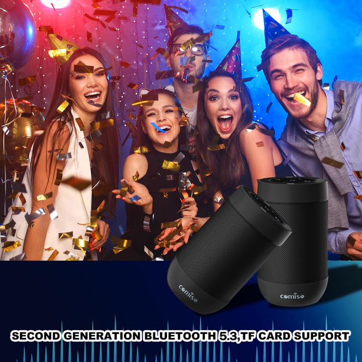 comiso Bluetooth Speaker, Portable Bluetooth Speakers with Wireless Stereo Pairing, Built in Mic, 360° HD Sound,IP65 Waterproof Speaker,Support TF Card, for Home/Party/Outdoor/Beach, Gift For Men/Women-Black - Image 2