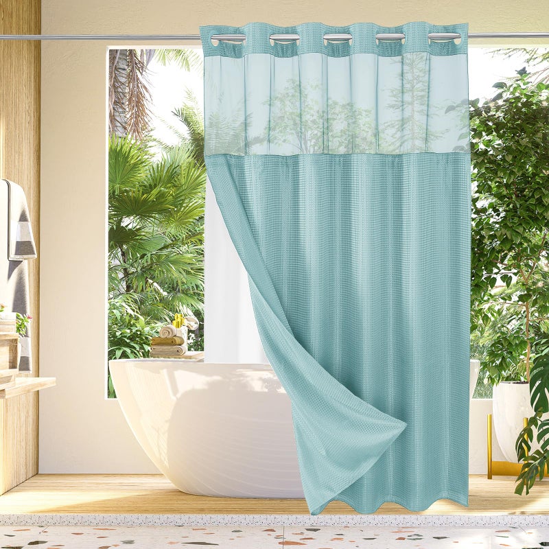 Gibelle No Hook Waffle Weave Shower Curtain with Snap-in Fabric Liner Set for Bathroom  Hotel Style with Mesh Top Window  Waterproof & Washable  Teal  72x74 - Image 1