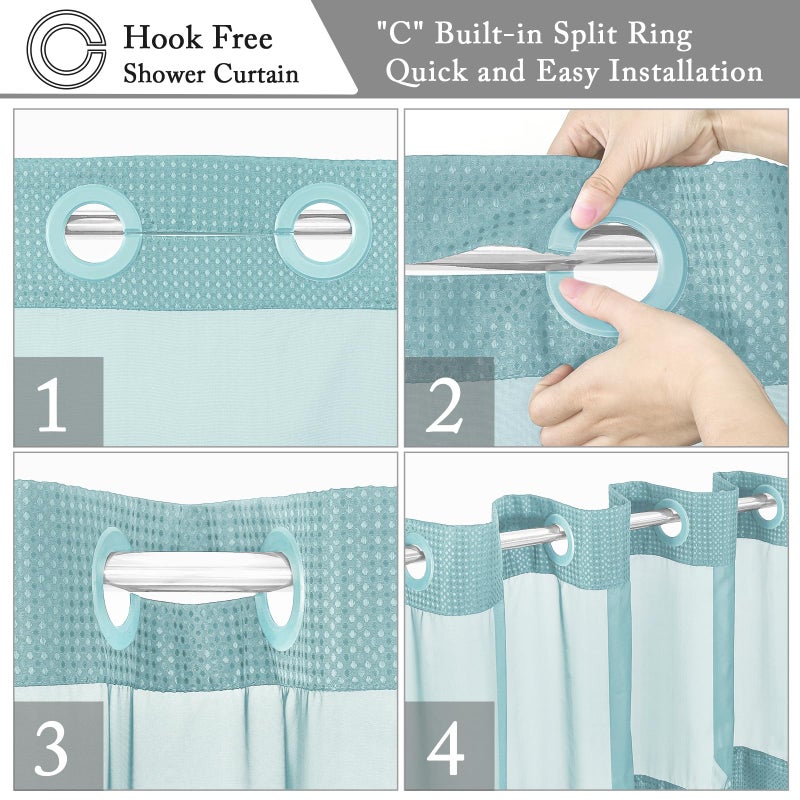 Gibelle No Hook Waffle Weave Shower Curtain with Snap-in Fabric Liner Set for Bathroom  Hotel Style with Mesh Top Window  Waterproof & Washable  Teal  72x74 - Image 4