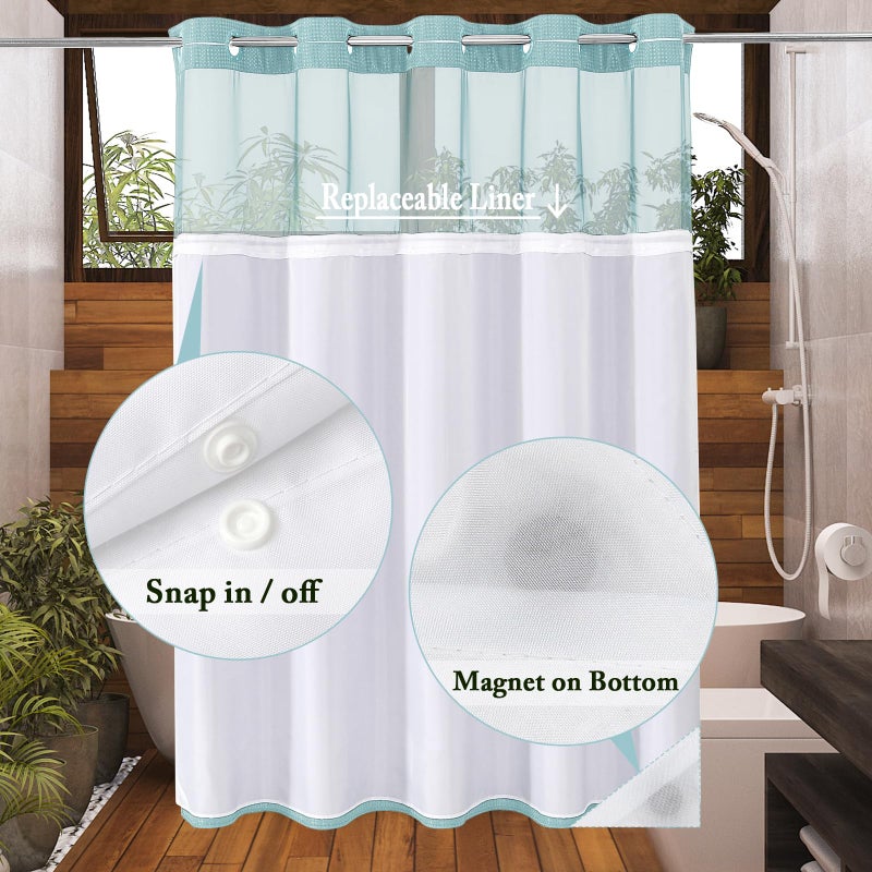 Gibelle No Hook Waffle Weave Shower Curtain with Snap-in Fabric Liner Set for Bathroom  Hotel Style with Mesh Top Window  Waterproof & Washable  Teal  72x74 - Image 3