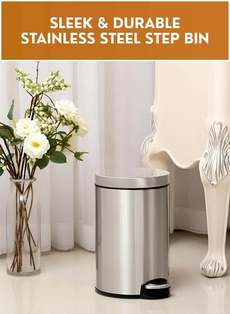 SHOELAY 12L Stainless Steel Dustbin with Pedal & Soft Close Lid | Hands-Free Metal Waste Bin for Bathroom, Kitchen, Bedroom & Office | Free Trash Bags Included - Image 2