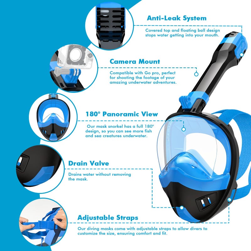 Snorklix Full Face Snorkel Mask, Snorkeling Gear for Adults Kids with Latest Dry Top Breathing System and Detachable Camera Mount, with 180 Degree Panoramic View (Black Blue, S/M) - Image 3