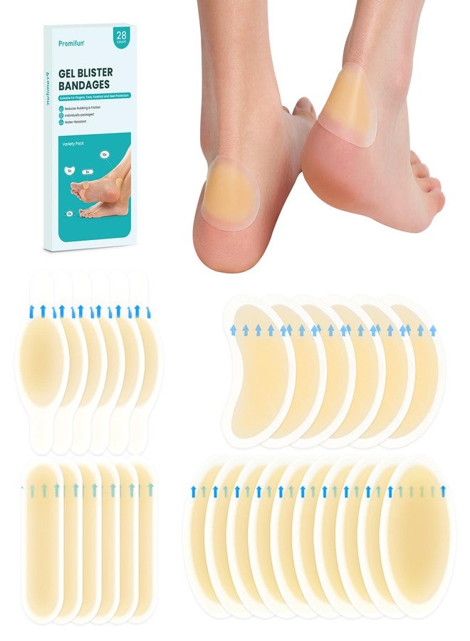 Promifun Blister Pads - 28 ct Water Resistant Hydrocolloid Bandages for Foot, Toe, Heel - Gel Blister Cushions for Prevention & Recovery, Variety Pack - Image 1