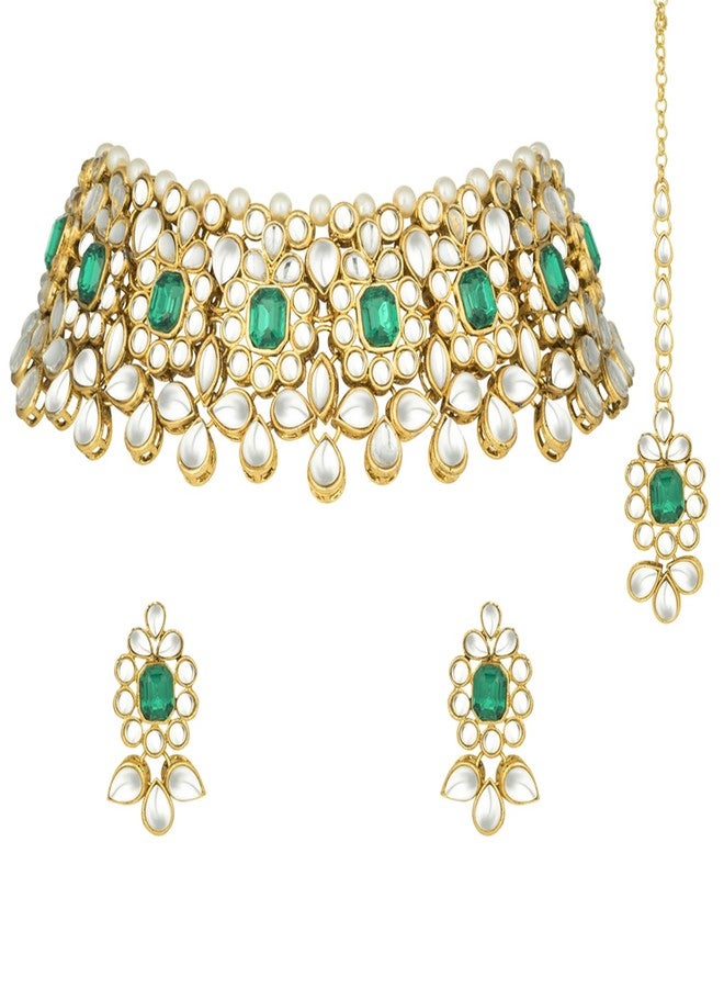 Peora Ethnic Indian Traditional Jewellery 18K Gold Plated Kundan Pearl Green Floral Necklace Earring Mang Tikka Set for Women - Image 4