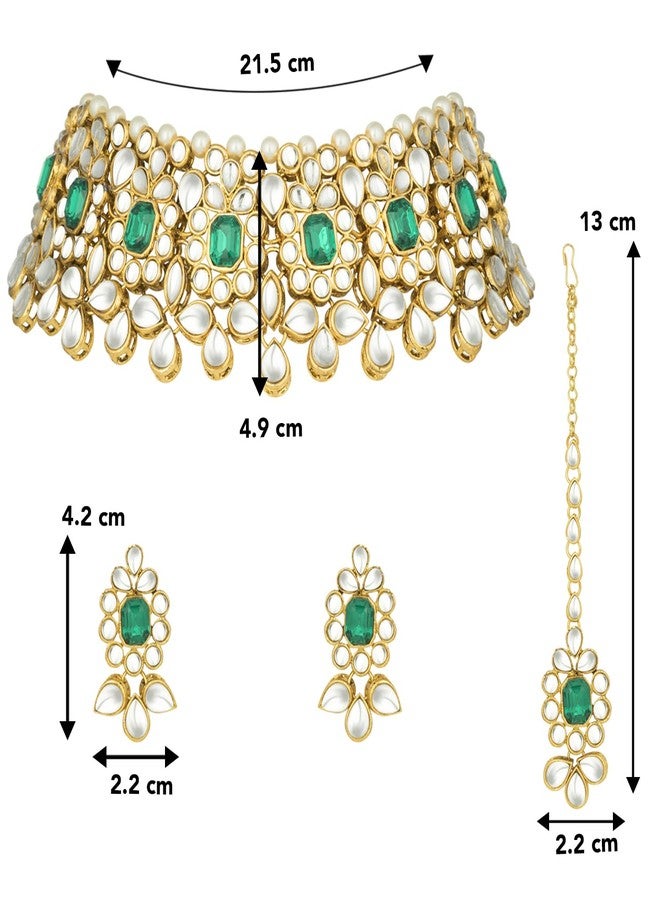 Peora Ethnic Indian Traditional Jewellery 18K Gold Plated Kundan Pearl Green Floral Necklace Earring Mang Tikka Set for Women - Image 5