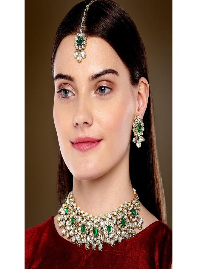 Peora Ethnic Indian Traditional Jewellery 18K Gold Plated Kundan Pearl Green Floral Necklace Earring Mang Tikka Set for Women - Image 3