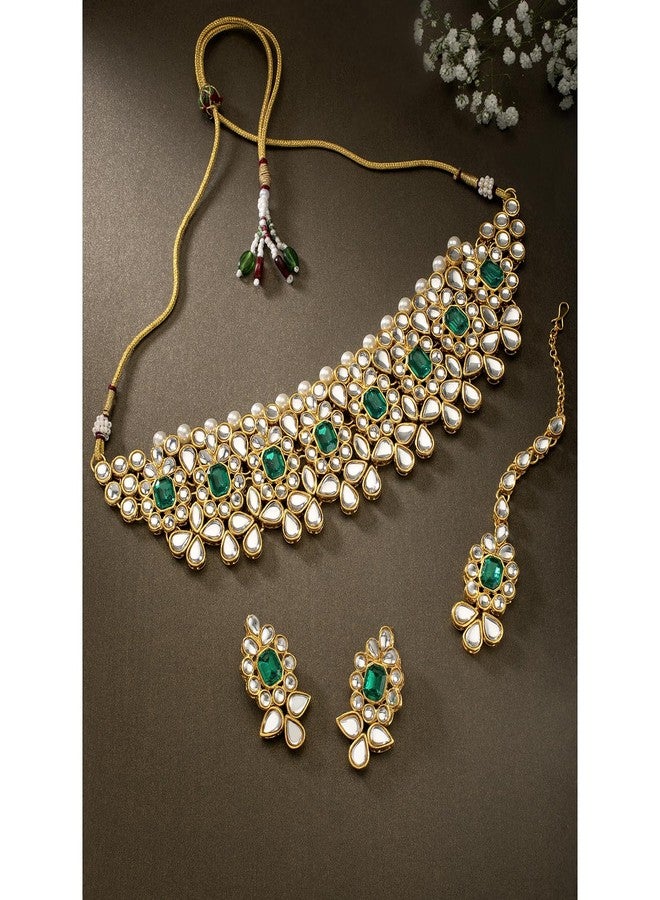 Peora Ethnic Indian Traditional Jewellery 18K Gold Plated Kundan Pearl Green Floral Necklace Earring Mang Tikka Set for Women - Image 2