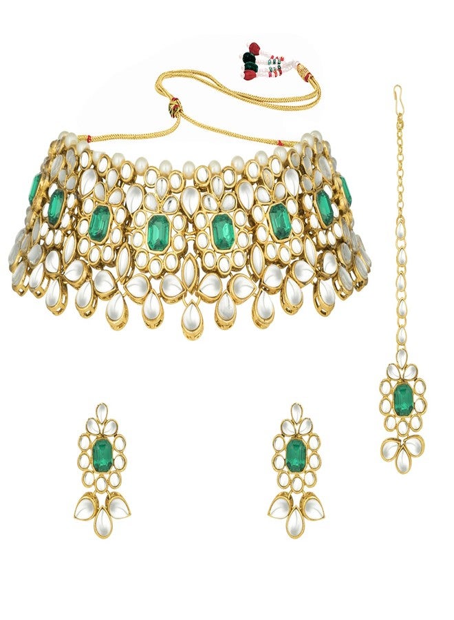 Peora Ethnic Indian Traditional Jewellery 18K Gold Plated Kundan Pearl Green Floral Necklace Earring Mang Tikka Set for Women - Image 1