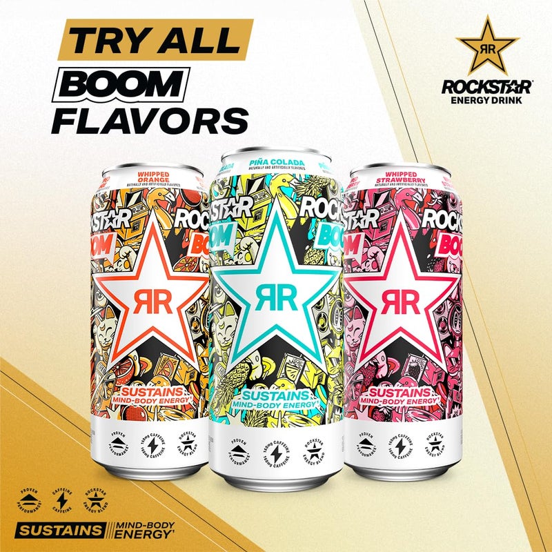 Rockstar, Boom Energy Drink with Caffeine and Taurine Packaging May Vary, Whipped Strawberry, 16 Fl Oz (Pack of 12) - Image 3