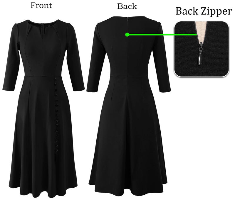 VFSHOW Womens Pleated Notch V Neck Front Slit Buttons Pockets Office Business Work Slim A-line Fit and Flare Midi Mid-Calf Dress (Black, Small) 10835 BLK S - Image 4