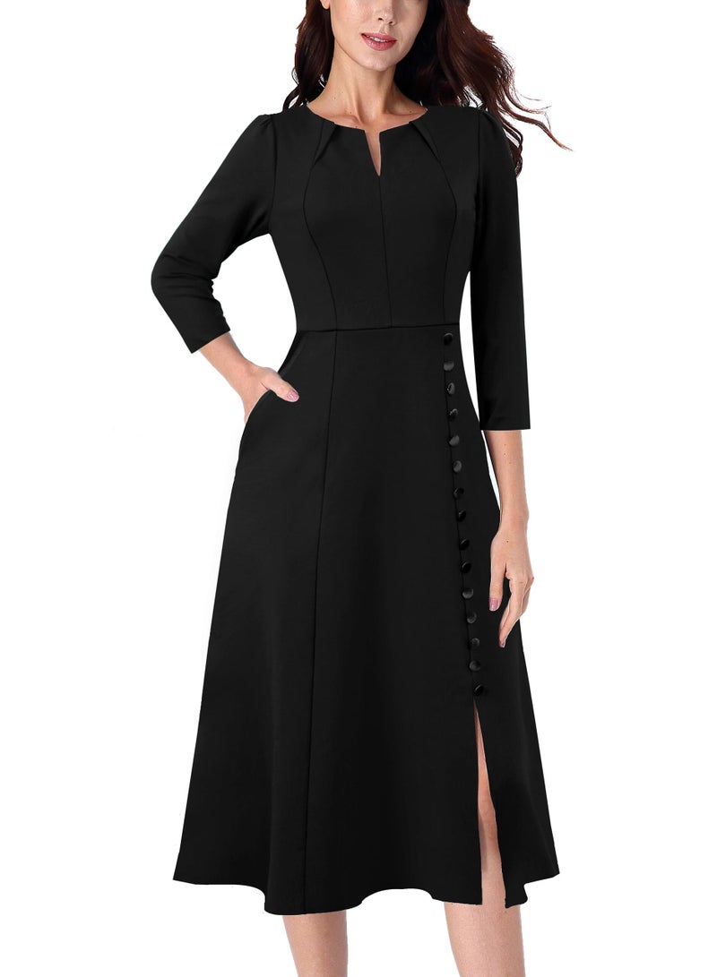VFSHOW Womens Pleated Notch V Neck Front Slit Buttons Pockets Office Business Work Slim A-line Fit and Flare Midi Mid-Calf Dress (Black, Small) 10835 BLK S - Image 1