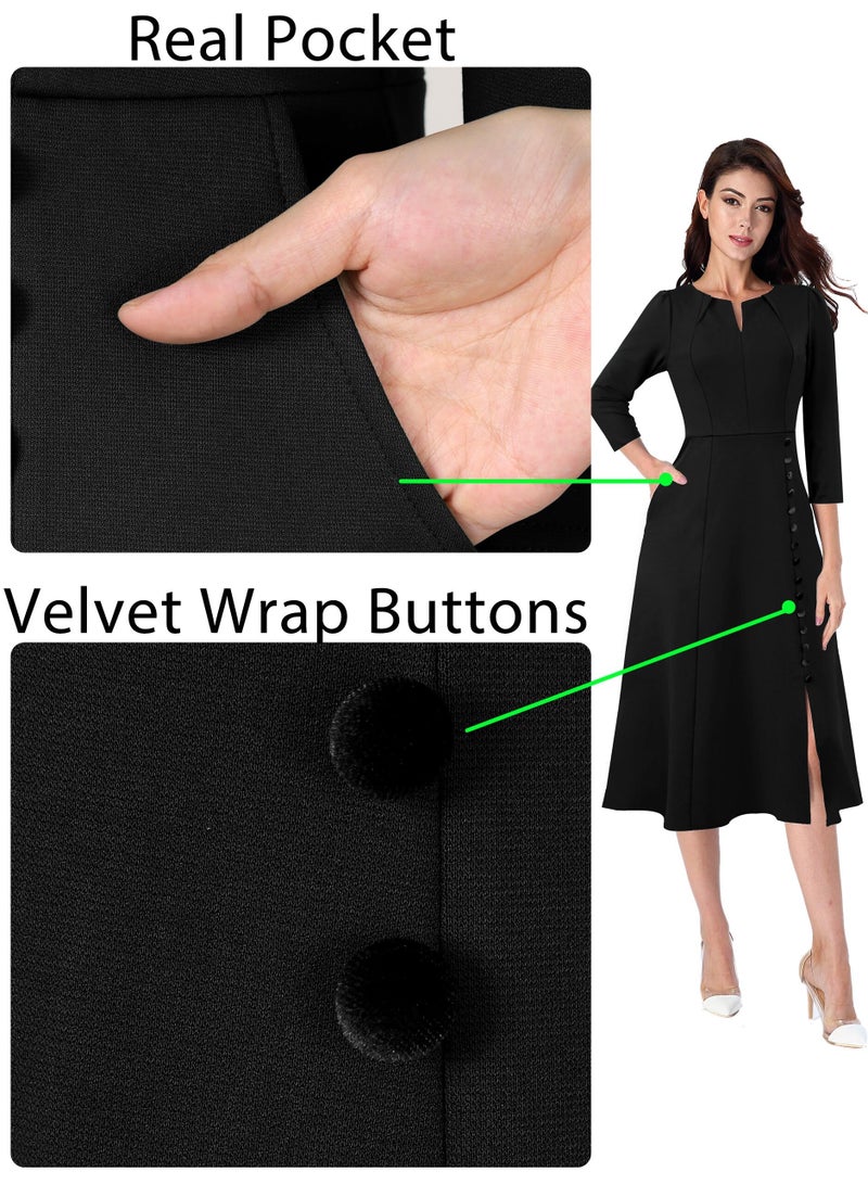 VFSHOW Womens Pleated Notch V Neck Front Slit Buttons Pockets Office Business Work Slim A-line Fit and Flare Midi Mid-Calf Dress (Black, Small) 10835 BLK S - Image 5
