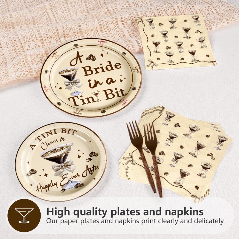 Grencian 96Pcs Tiny Bit Bridal Shower Party Decorations A Bride In A Tiny Bit Paper Plates and Napkins Espresso Martini Bachelorette Tableware Set for Bridal Shower Bride To Be Party Wedding Supplies Serves 24 - Image 4