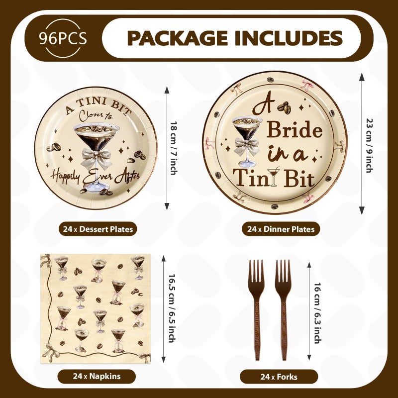 Grencian 96Pcs Tiny Bit Bridal Shower Party Decorations A Bride In A Tiny Bit Paper Plates and Napkins Espresso Martini Bachelorette Tableware Set for Bridal Shower Bride To Be Party Wedding Supplies Serves 24 - Image 2