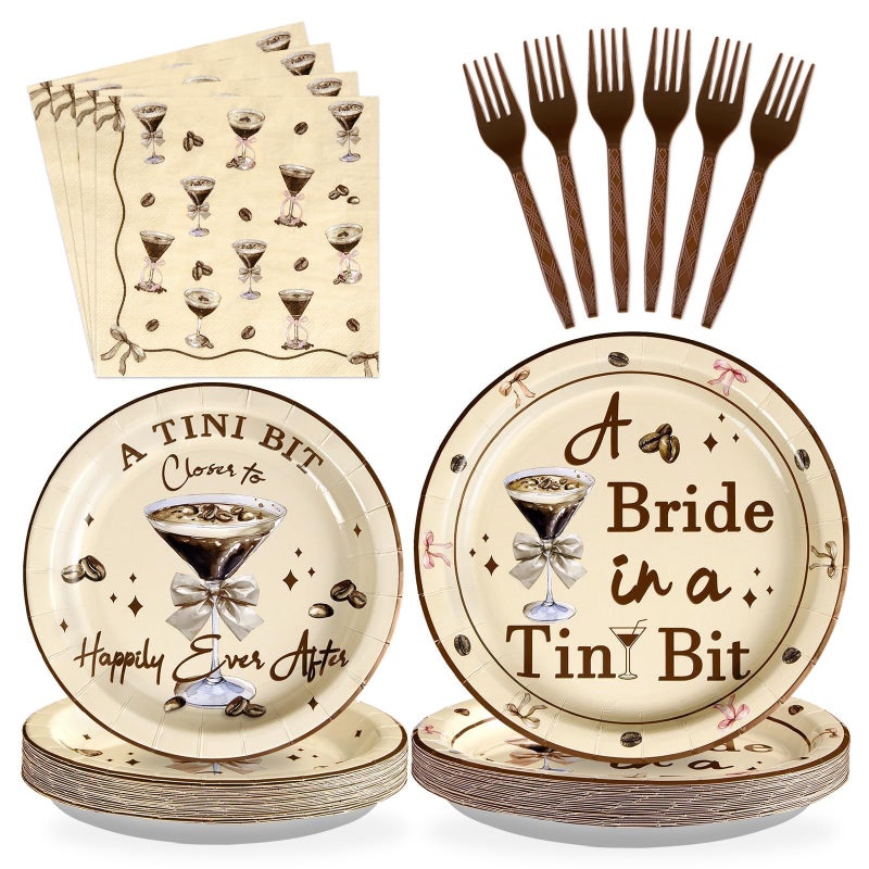 Grencian 96Pcs Tiny Bit Bridal Shower Party Decorations A Bride In A Tiny Bit Paper Plates and Napkins Espresso Martini Bachelorette Tableware Set for Bridal Shower Bride To Be Party Wedding Supplies Serves 24 - Image 1