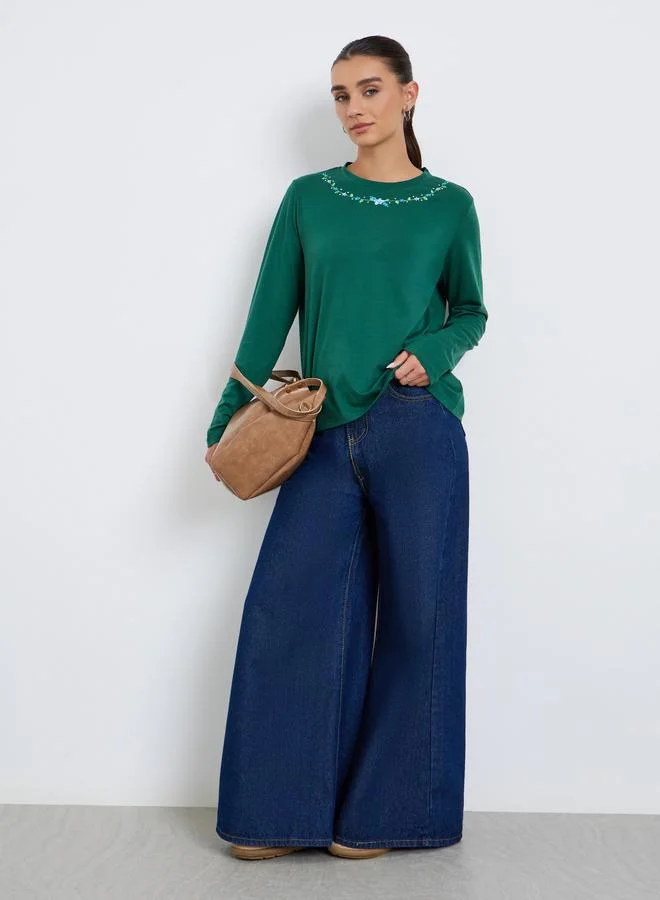 Styli Women Round Neck T-Shirt with Embroidered