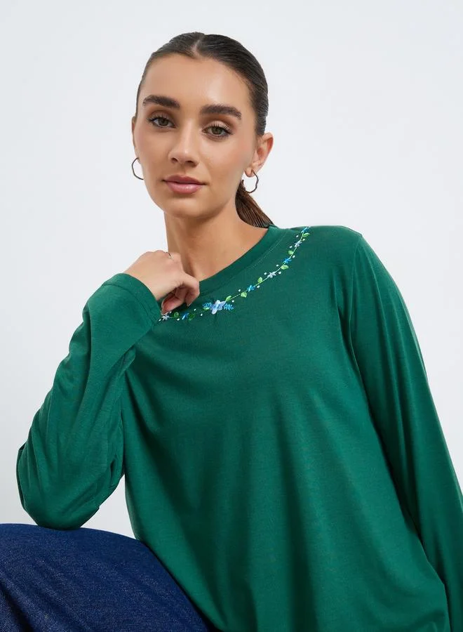 Styli Women Round Neck T-Shirt with Embroidered