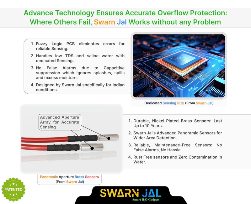 Swarn Jal Model AVOC Water Tank Overflow Alarm with 2 Alkaline Cells Loud Human Voice Brass Sensors 100 Shock Proof 2 Years Cell Life One Year Complete Warranty - Image 2
