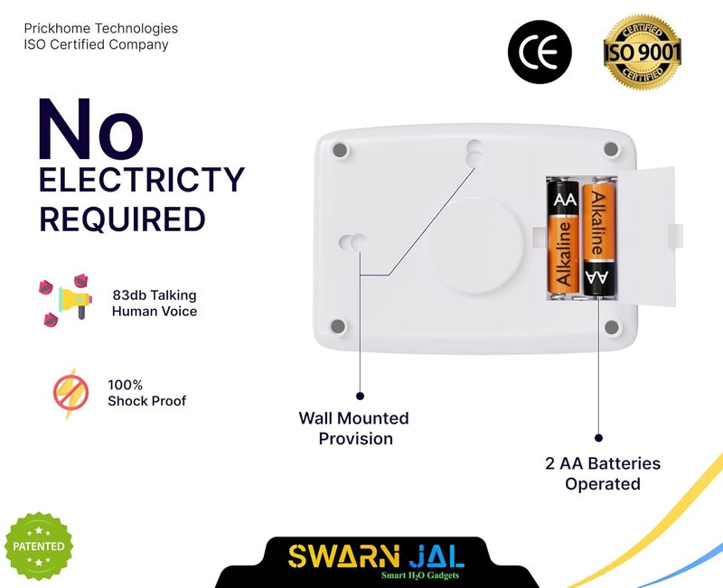 Swarn Jal Model AVOC Water Tank Overflow Alarm with 2 Alkaline Cells Loud Human Voice Brass Sensors 100 Shock Proof 2 Years Cell Life One Year Complete Warranty - Image 3