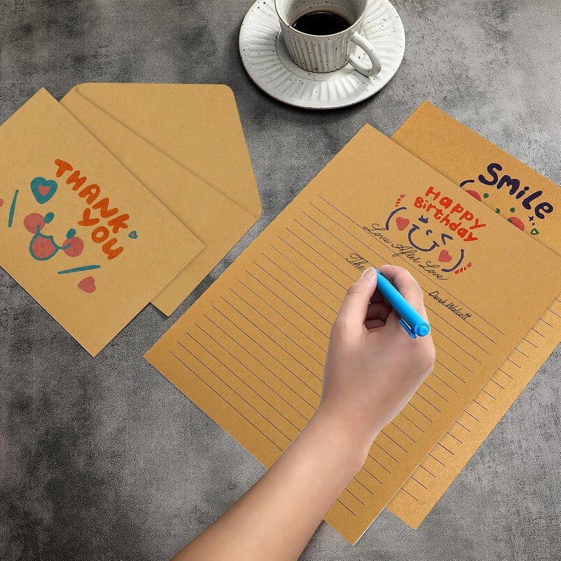Luckam 48Pcs Writing Letters Kawaii Emoticons Stationery Paper and Envelopes Set with 32Pcs Letter Paper 16Pcs Envelopes Vintage Stationery Paper Lined for Office School Supplies - Image 2