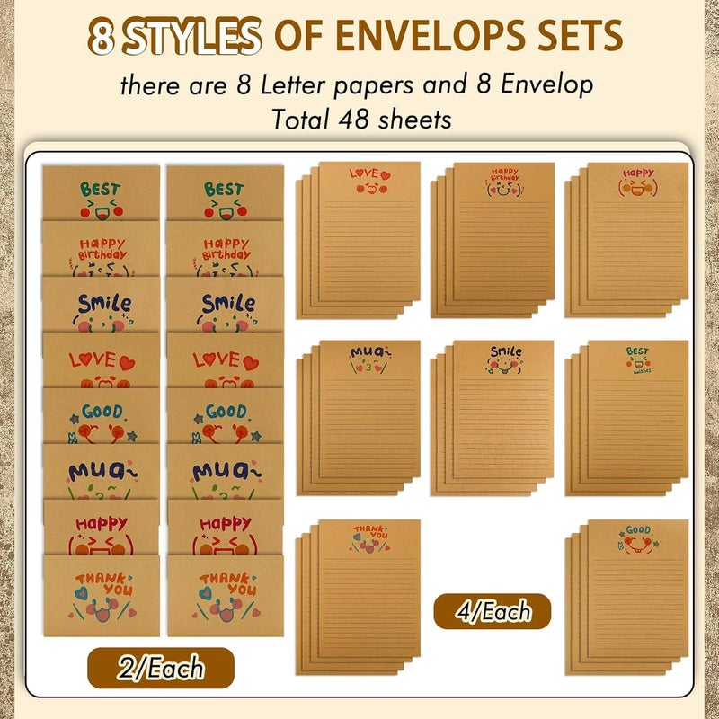 Luckam 48Pcs Writing Letters Kawaii Emoticons Stationery Paper and Envelopes Set with 32Pcs Letter Paper 16Pcs Envelopes Vintage Stationery Paper Lined for Office School Supplies - Image 5