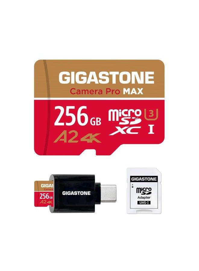 Gigastone [5-Yrs Free Data Recovery] GIGASTONE 256GB Micro SD Card with USB 3.2 Type C Card Reader, 4K Camera Pro MAX, A2 V30 MicroSDXC Memory Card for Gopro, 4K UHD Video, Up to 130/85 MB/s with Adapter - Image 1