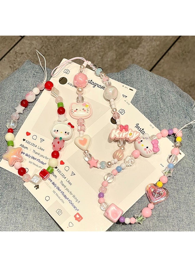 3-piece mobile phone charm, Hello Kitty beaded mobile phone charm, cute lanyard, suitable for camera keychain, wallet pendant decoration