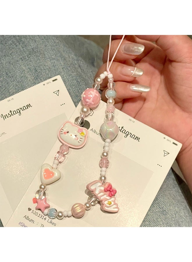 Hello Kitty 3-piece mobile phone charm, Hello Kitty beaded mobile phone charm, cute lanyard, suitable for camera keychain, wallet pendant decoration - Image 5