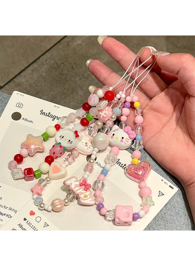 Hello Kitty 3-piece mobile phone charm, Hello Kitty beaded mobile phone charm, cute lanyard, suitable for camera keychain, wallet pendant decoration - Image 2