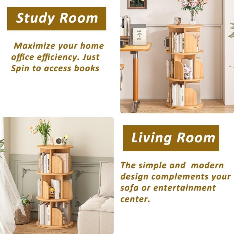 JANTENS Round Rotating Bookshelf,360° Spinning Bookcase Organizer,3 Shelves Corner Standing Display Rack for Home Office, Tall Narrow Bookcase for Small Spaces, Bedroom, Kids Room (Beige, 96 * 46 * 46cm) - Image 4