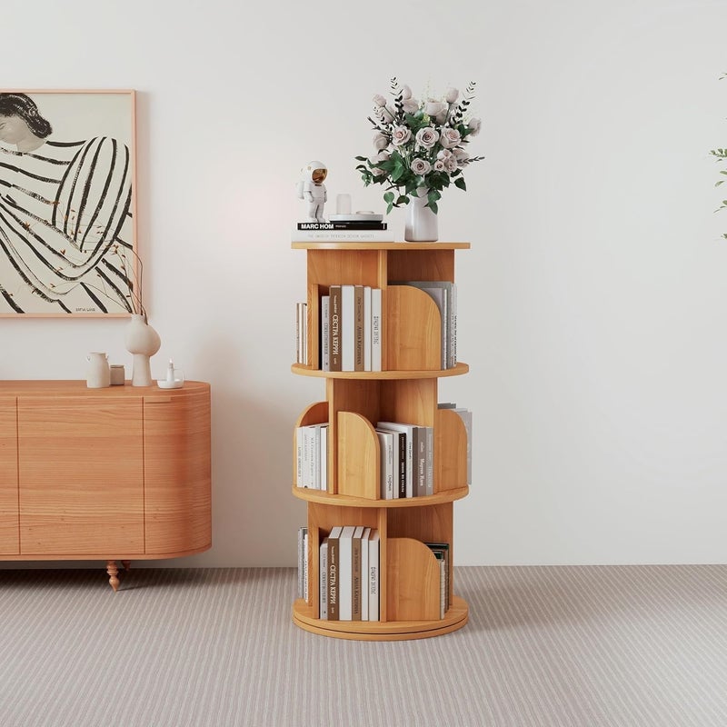 JANTENS Round Rotating Bookshelf,360° Spinning Bookcase Organizer,3 Shelves Corner Standing Display Rack for Home Office, Tall Narrow Bookcase for Small Spaces, Bedroom, Kids Room (Beige, 96 * 46 * 46cm) - Image 1