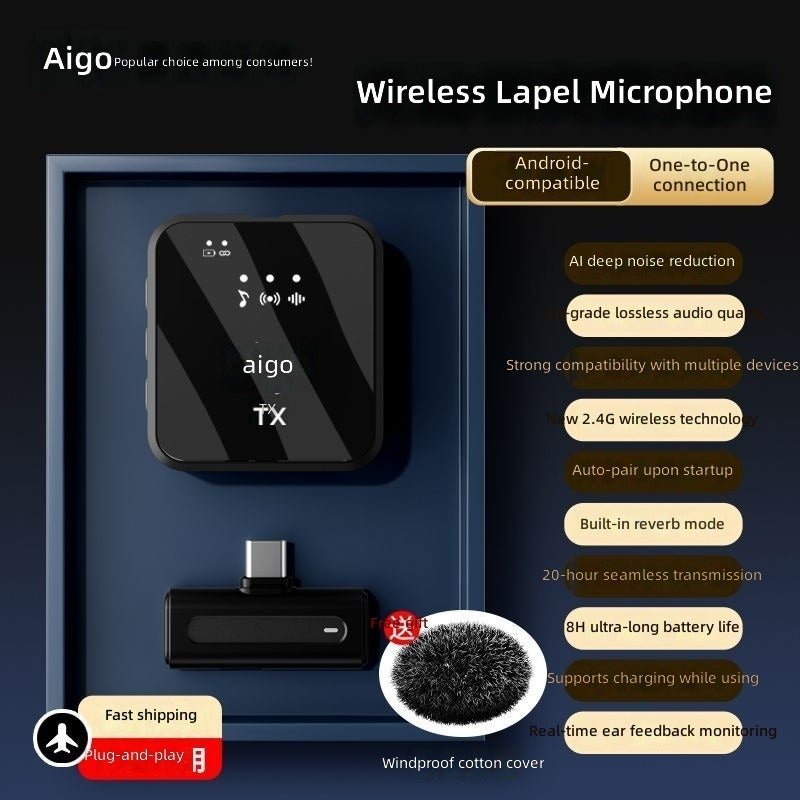 مايكروفون لابيل لاسلكي Aigo S39 للبث المباشر، تسجيل صوتي عالي الدقة مع إلغاء الضوضاء، تصوير فيديو ثنائي القناة
